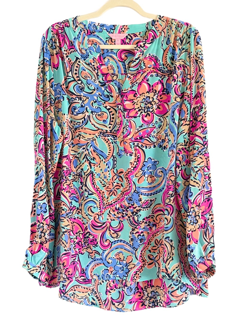 Lilly Pulitzer 100% Silk Blouse Purple Koi Fish In Love Multicolor XL